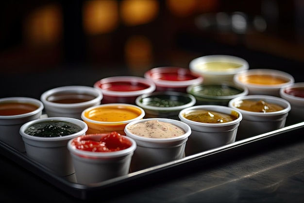 Foto close-up van dienblad met verschillende soorten sauzen om over voedsel te dippen of te besprenkelen