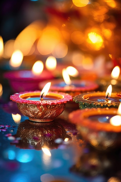 Close-up van diwali diyas gloeiend helder gemaakt met generatieve ai