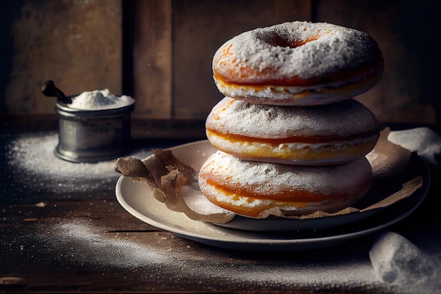 Close-up van donuts bestrooid met poedersuiker geserveerd op een rustieke houten tafel Generative Ai