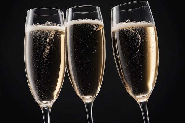 Close-up van drie glazen champagne op donkere achtergrond gemaakt met behulp van generatieve ai-technologie