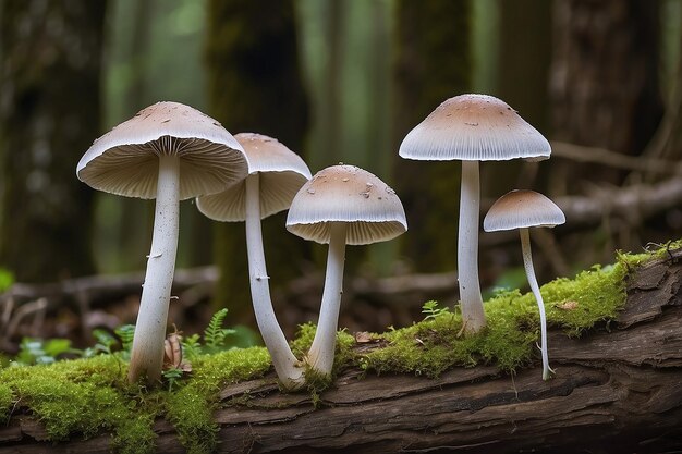 Close-up van drie mycena-paddenstoelen die op rottende hout groeien
