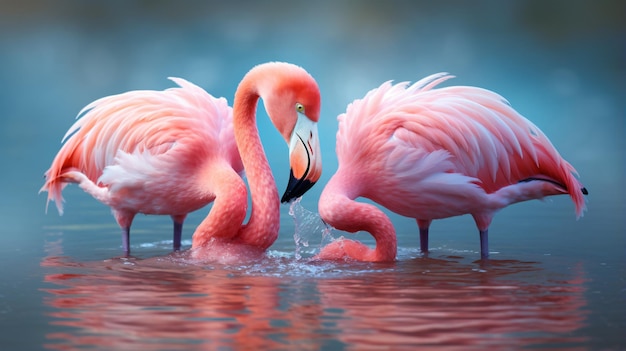 Close-up van drie roze flamingo's die in een meer eten