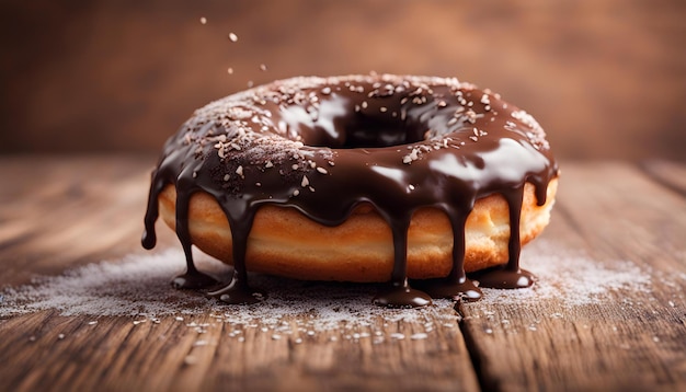 Close-up van dubbele chocoladedonut met suiker die op houten achtergrond valt