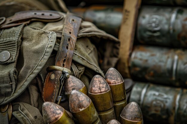 Close-up van Duitse militaire munitie van een Duitse soldaat in de Tweede Wereldoorlog aan de frontlijn met