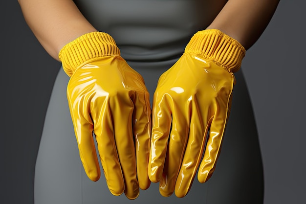 Close-up van een aantal vrouwelijke handen in gele rubberen handschoenen