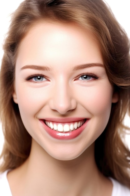Close-up van een aantrekkelijke jonge vrouw die lacht terwijl geïsoleerd op wit gemaakt met generatieve ai