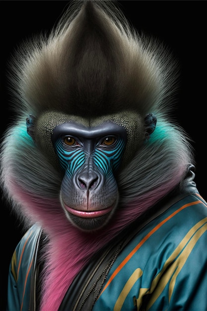 Close-up van een aap die een jas draagt