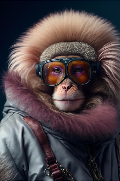 Close-up van een aap die een jas en bril draagt