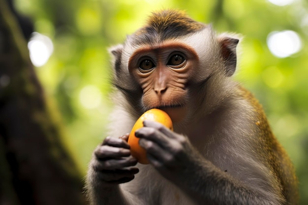 Close-up van een aap die fruit eet in de jungle Generatieve AI