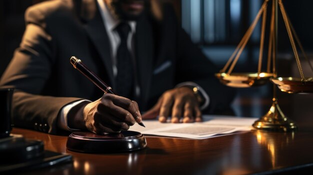 Close-up van een Afrikaanse advocaat die aan tafel zit en met documenten werkt.
