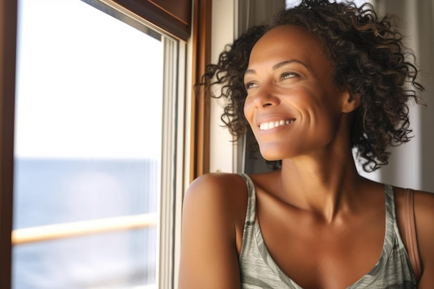 Close-up van een Afro-Amerikaanse vrouw die vanuit haar raam een zomers tafereel overweegt
