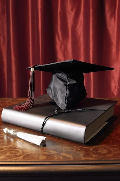 Close-up van een afstudeerpet en diploma op een tafel gemaakt met generatieve ai