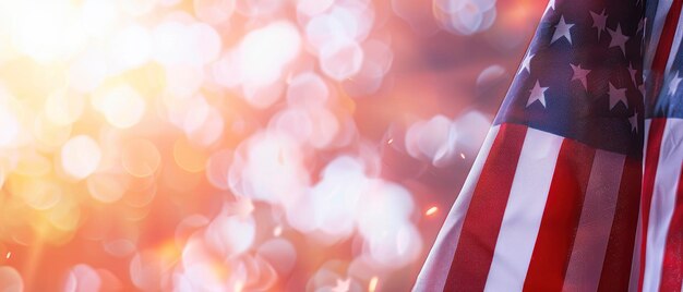 Foto close-up van een amerikaanse vlag met kopieerruimte op een wazige bokeh achtergrond