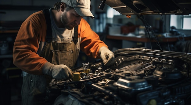 close-up van een auto-ingenieur die aan de auto werkt, een auto-monteur die de auto-motor repareert, een auto-monteur die aan het werk is