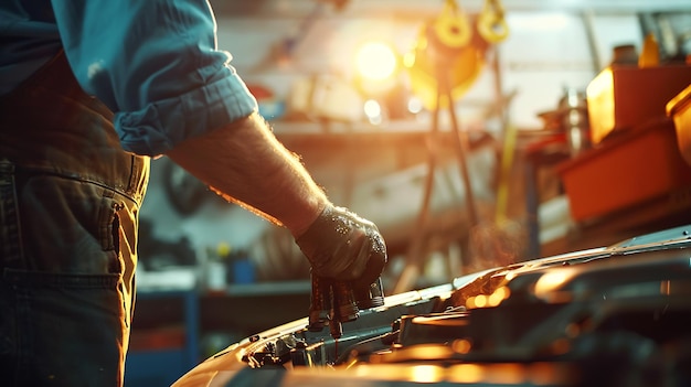 Close-up van een auto-mechanicus die het olieniveau controleert in een mechanische werkplaats Generatieve AI