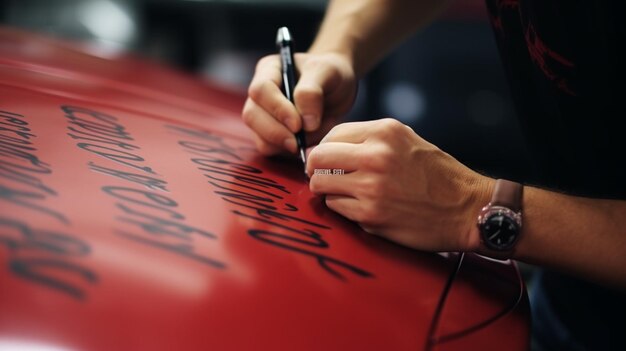 Foto close-up van een automonteur die een rode auto markeert met een pen