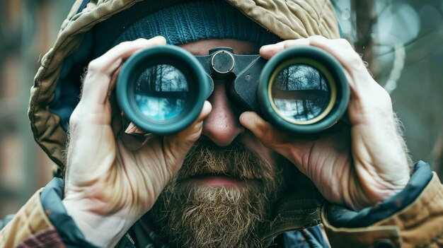 Foto close-up van een baarde man met een grote verrekijker die zich op iets in de verte richt