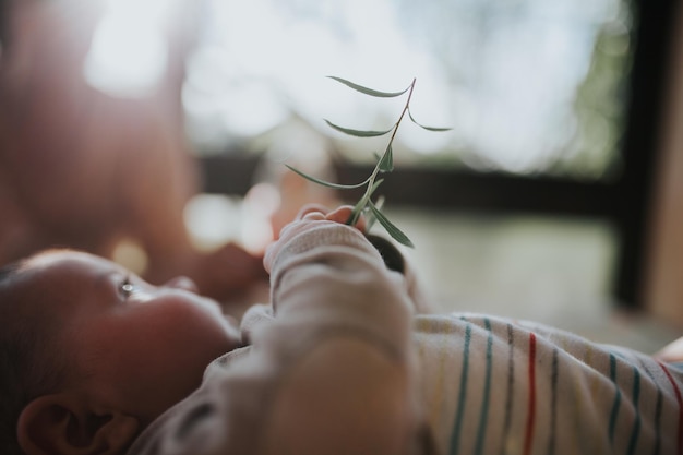 Foto close-up van een baby meisje met planten