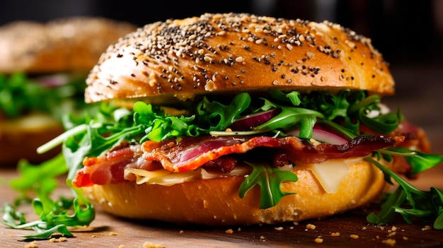 Close-up van een bagelbroodje gevuld met spek rucola Generatieve AI