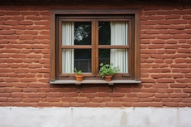 Close-up van een bakstenen muur van een boerderij met een houten vensterframe