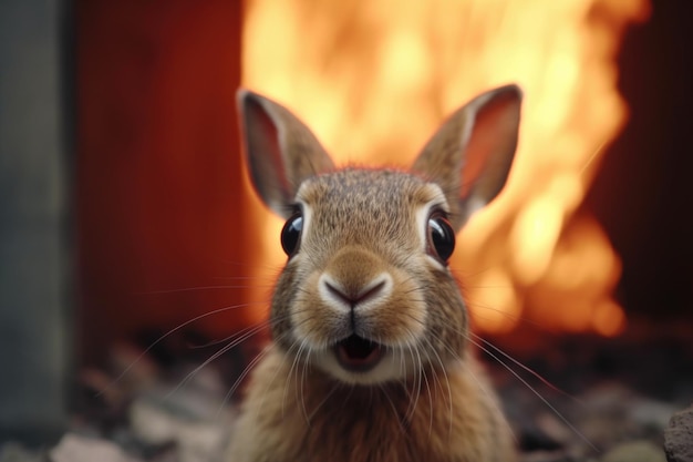 Close-up van een bang konijnengezicht bij het vuur gemaakt met generatieve AI