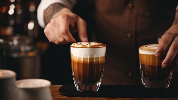 Close-up van een barista die heerlijke koffie bereidt AI Generatieve AI