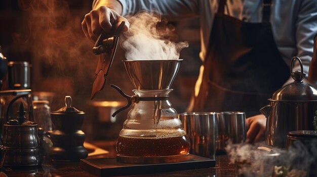 Close-up van een barista die heerlijke koffie bereidt AI Generatieve AI