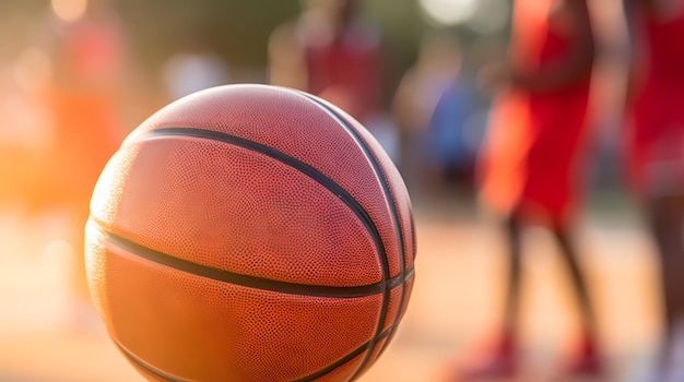 Close-up van een basketbal op het veld met spelers op de achtergrond