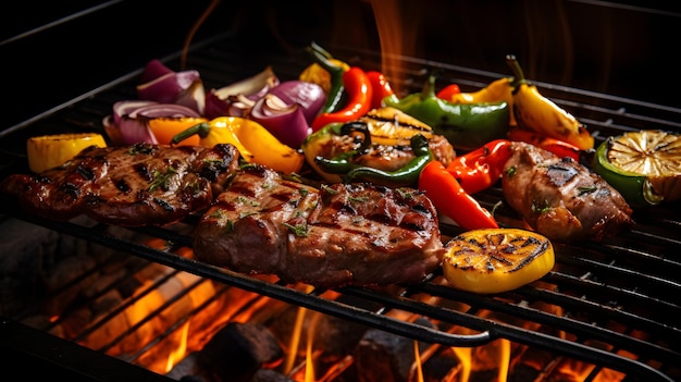 Close-up van een BBQ-grill met sissend vlees en groenten