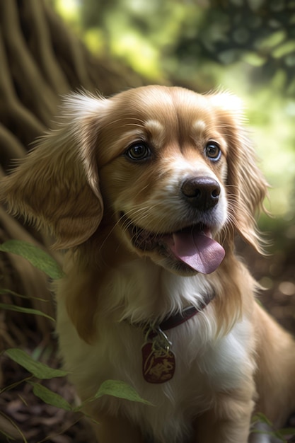 Close-up van een beige hond die zijn tong uitsteekt in een bos gemaakt met behulp van generatieve ai-technologie