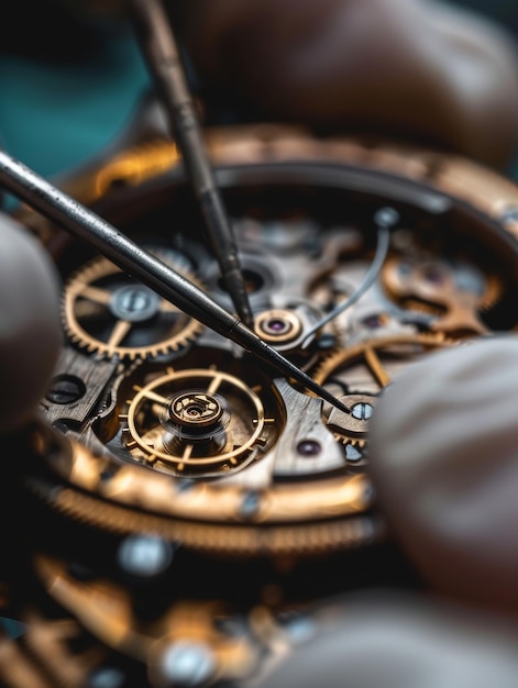 Close-up van een bekwame horlogemaker die de ingewikkelde onderdelen van een luxe mechanisch horloge herstelt