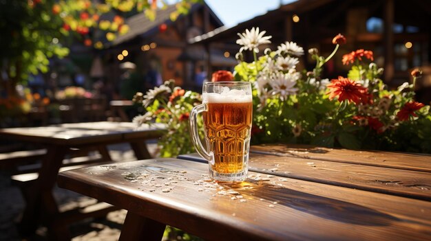 Close-up van een bierglas dat op de tafel van het straatterras van een Bavariaanse pub staat