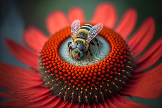 Close-up van een bij die boven de oogbloem van een fazant in rood zweeft