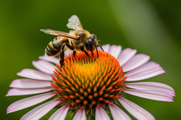 Close-up van een bij die voorzichtig op een kleurrijke bloeiende bloem zit