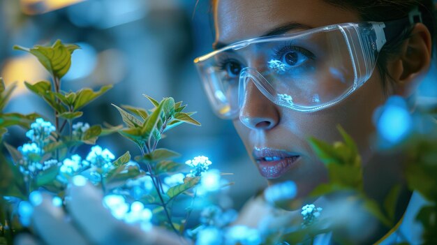 Foto close-up van een biotechnoloog die genetisch gemodificeerde plantencellen onder een microscoop onderzoekt fotorealistische hd