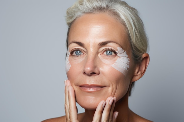 Close-up van een blanke vrouw van middelbare leeftijd die haar gezicht aanraakt om moisturizer aan te brengen glimlachend gezicht van een volwassene