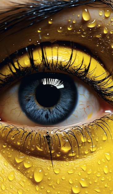Foto close-up van een blauw oog met gele wimpers en waterdruppels