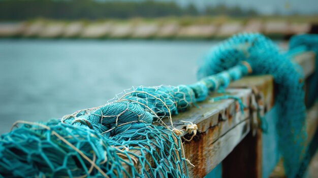 Foto close-up van een blauw visnet op een houten dok het net is oud en versleten en het water op de achtergrond is troebel