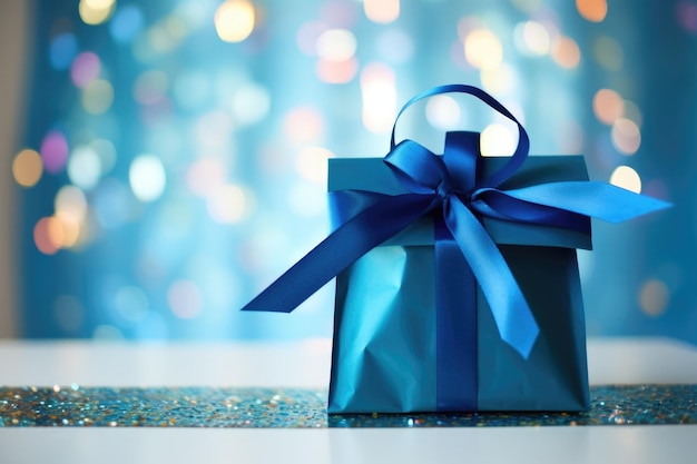 Foto close-up van een blauwe cadeautas met vloeipapier dat naar buiten gluurt
