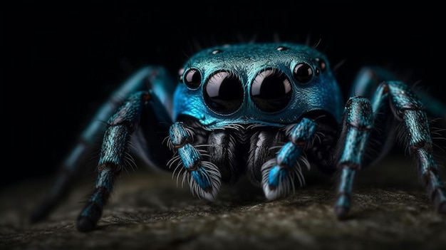 Close-up van een blauwe springende spin op een zwarte backgroundgeneratieve ai
