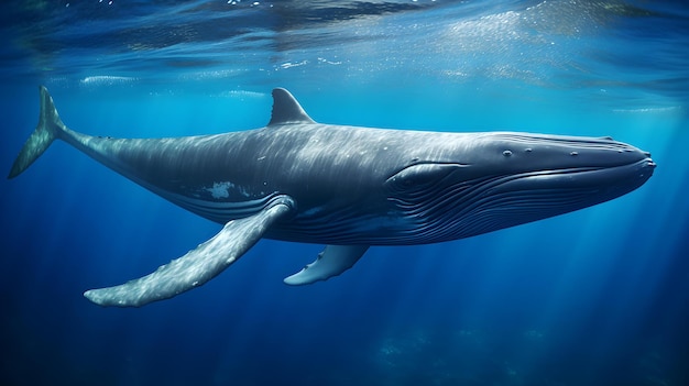 Close-up van een blauwe walvis die zwemt in de heldere oceaan Natuurlijke achtergrond met prachtige verlichting