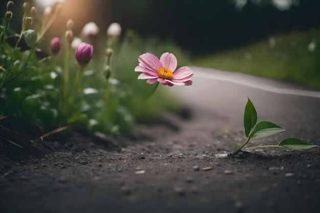 close-up van een bloem die uit een weg groeit