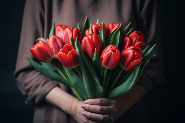 Close-up van een boeket rode tulpen in de handen van een meisje in een blouse op een donkere achtergrond