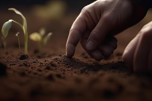 Close-up van een boer die zaden in de grond plant avond lightai generatief