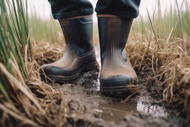Close-up van een boer met voet in rubberen laarzen in het veld generatieve AI