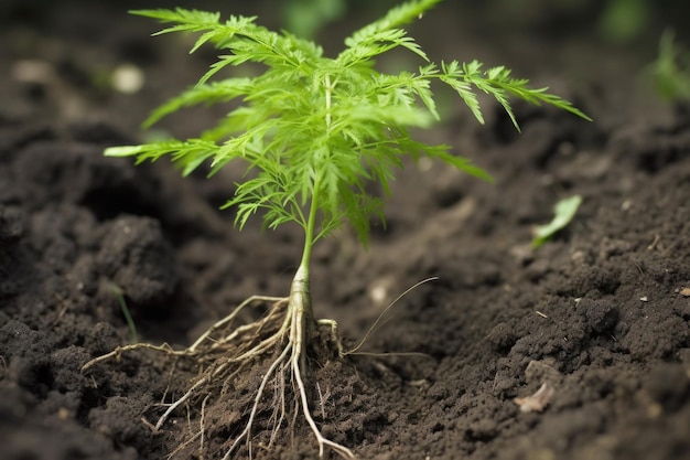 Close-up van een boomjong boompje met zijn wortels stevig in de grond gemaakt met generatieve ai