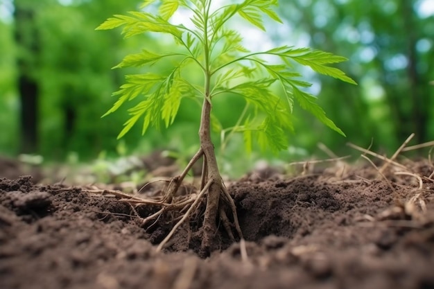 Close-up van een boomjong boompje met zijn wortels stevig in de grond gemaakt met generatieve ai