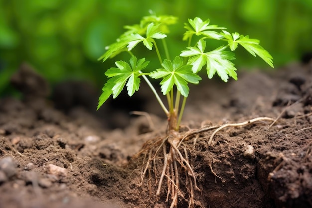 Close-up van een boomjong boompje met zijn wortels stevig in de grond gemaakt met generatieve ai
