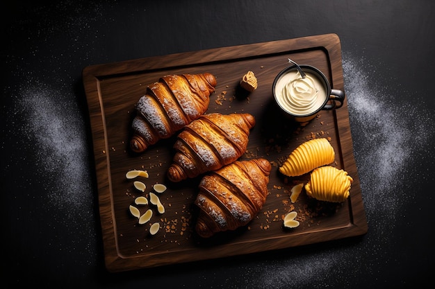 Close up van een bord met heerlijke croissants op een donkere houten tafel Frans dessert