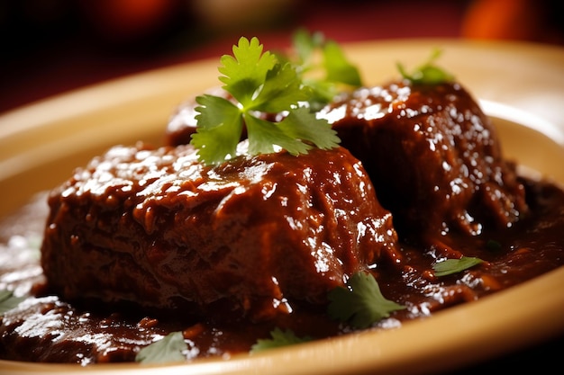 Close-up van een bord Mexicaanse mole enchiladas bekroond met sesamzaadjes